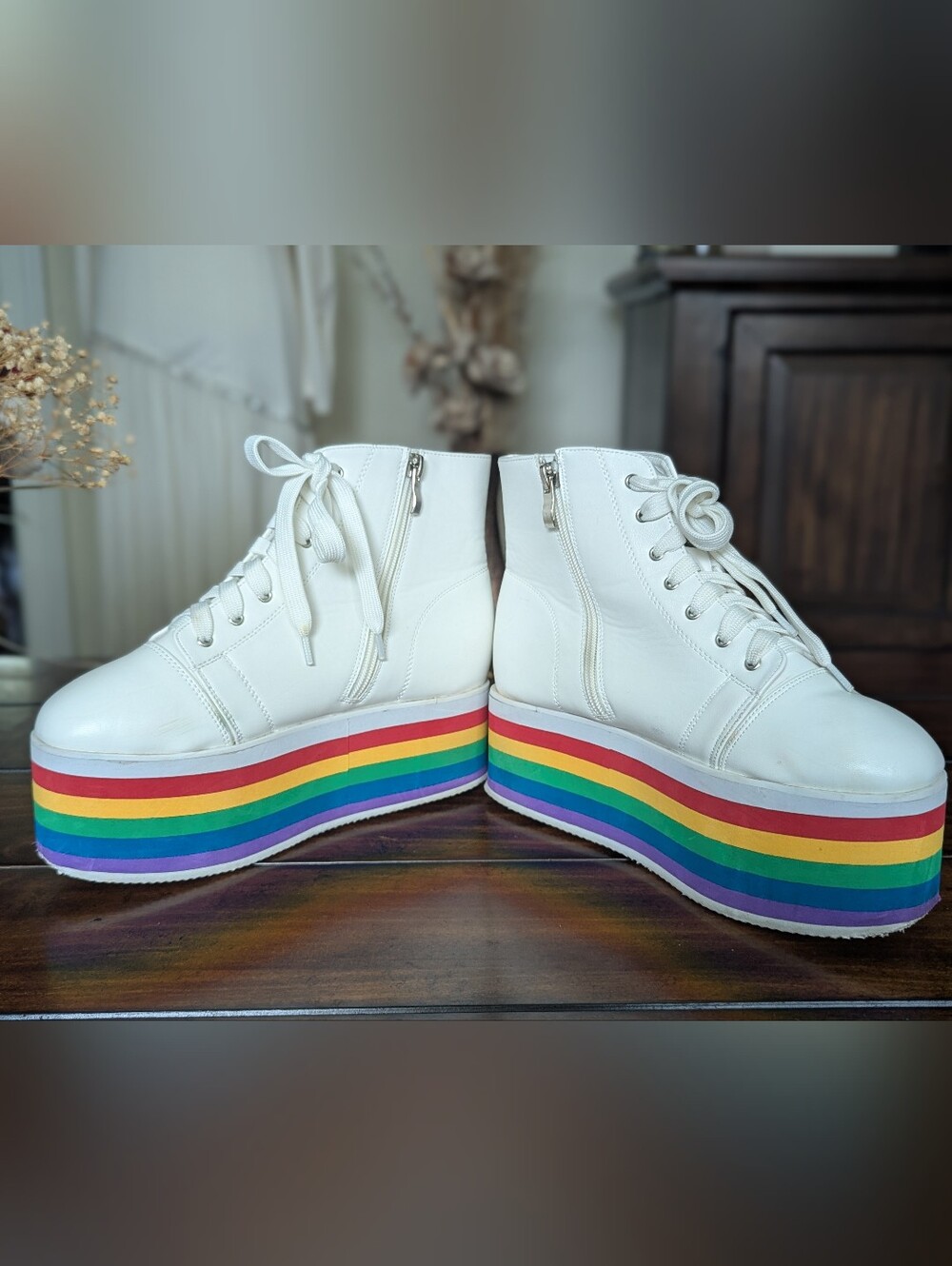 NYLA Rainbow Rebellion White Platform Bootie Sneakers 2.5" Size 8 Dolls Kill